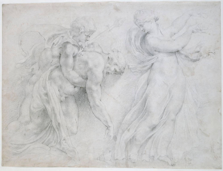 Dionysus supporting a drunken Silenus with a maenad dancing in front of him (after the Borghese Vase in the Louvre), Peter Paul Rubens, between 1605 and 1608