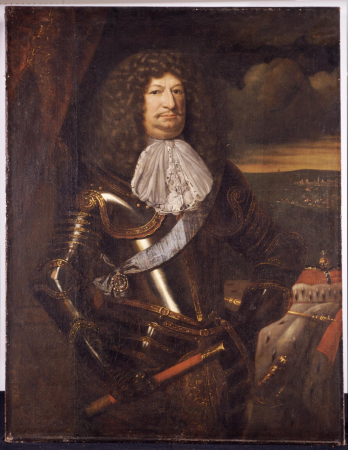 Friedrich Wilhelm I of Prussia posing with the battle of Fehrbellin, Jacques Vaillant, from 1675 until 1691
