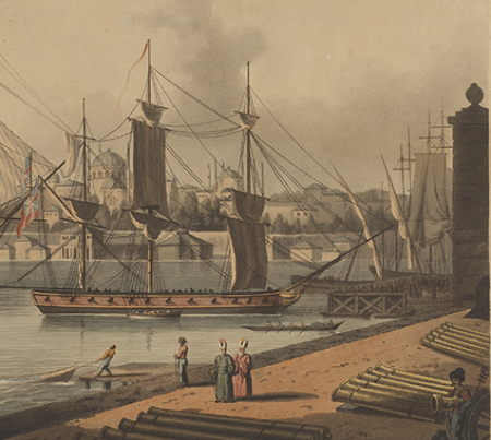 Constantinople. North view, taken from the Artillery Quay (called Tophana) with H.B.M. ship La Bonne Citoyenne, 1799 RMG S4867 (cropped), John Thomas Serres, 1 August 1805