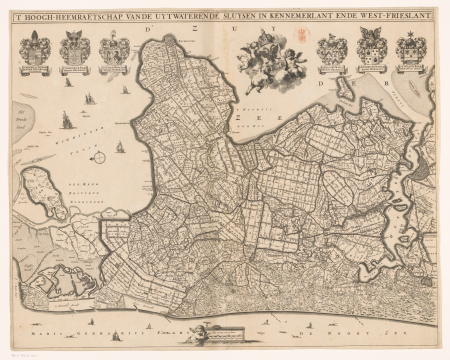 Kaart van Kennemerland en West-Friesland 't Hoogh-heemraetschap vande Uytwaterende Sluysen in Kennemerlant ende West-Frieslant (titel op object), RP-P-AO-6-24-1, Coenraet Decker, between 1682 and 1686