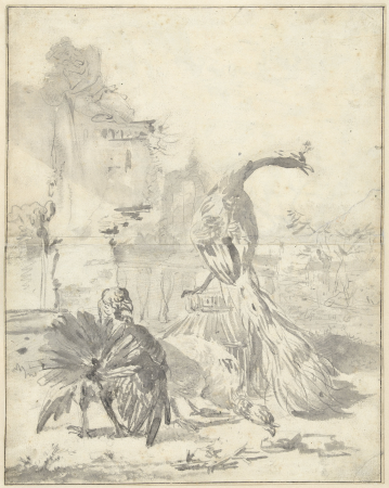 Hoenderhof met een pauw en twee kalkoenen, RP-T-1966-21(R), Jan Weenix, between 1650 and 1719