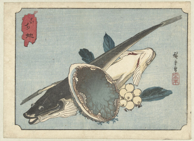 Flatfish, abalone and berries, Utagawa Hiroshige, between 1835 and 1840