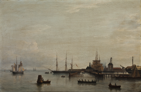 A view of the harbour of Copenhagen seen from the redoubt at Toldboden. At Nyholm the frigate Rota is readying its sails and the corvette for midshipmen training is being hauled out., Frederik Theodor Kloss, 1838