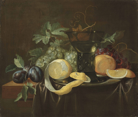 Fruit, a pewter dish and a roemer on a partially draped table, Alexander Coosemans, between 1641 and 1689