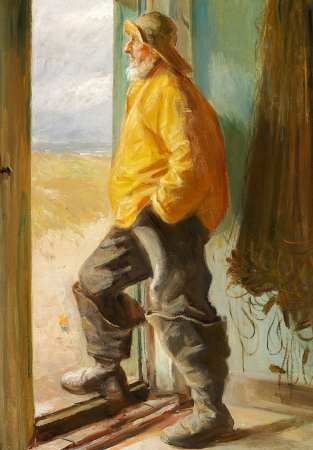 A fisherman of Skagen standing at a door., Michael Peter Ancher, between 1867 and 1927