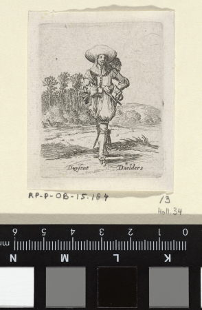 Man met de handen in de zij Duysent Daelders (titel op object) Genretaferelen (serietitel), RP-P-OB-15.184, Gillis van Scheyndel, 1638