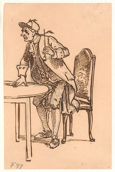 Man with cap and pipe stands up (discussing?) at a table, Wilhelm Marstrand
