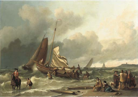Coastal view with sailing vessels in the surf and figures on the beach, Ludolf Bakhuizen, 1697