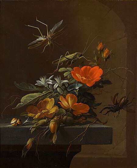 Still life of Austrian briars and other flowers on a stone plinth, with a flying stag beetle and other insects, Elias van den Broeck, between 1664 and 1708
