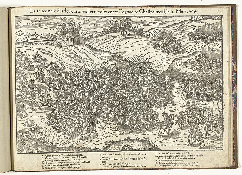 Slag bij Jarnac, 1569 La rencontre des deux armees Francoises entre Cognac & Chasteauneuf, le 13. Mars 1569 (titel op object), RP-P-OB-78.770-46, between 1569 and 1570