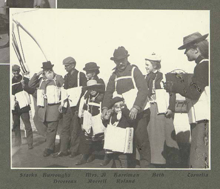 Members of the expedition taking part in a lifeboat drill aboard the GEORGE W. ELDER, June 1899., Taken on 1 June 1899