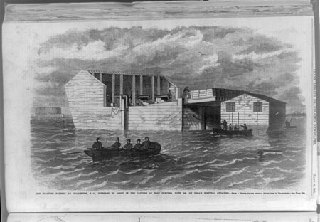 The Floating battery at Charleston, S.C., intended to assist in the capture of Fort Sumpter (sic), with Dr. De Vega's hospital attached - from a sketch by our special artist now in LCCN99614159, Frank Leslie, 1861
