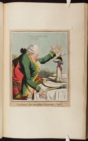 The King's dwarf plays Gulliver a trick, Samuel William Fores, 18 October 1803