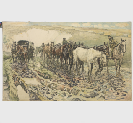 A Convoy of Sick Animals being Despatched to a Railhead from a Mobile Veterinary Section Art.IWMART2603, John Edwin Noble