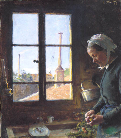 Portrait of a mother peeling turnips in front of the window, Émile Friant, 1887