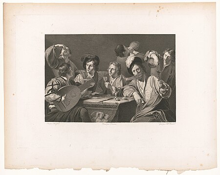 Seven men around table, eating and drinking, with one of them playing a lute) - peint par Manfredi ; dessiné par Desenne ; gravé par Alb. Reindel LCCN93511178, Bartolomeo Manfredi, between 1800 and 1850