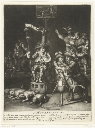 Spotprent op Lodewijk XIV en de dauphin, 1689 't Hondje sit op (titel op object), RP-P-1910-1648, Romeyn de Hooghe, between 1689 and 1690