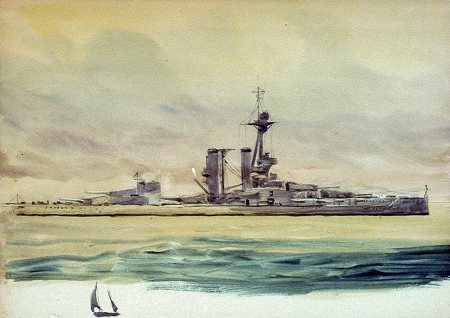 An 'Iron Duke'-class battleship with a small sketch of a sailing lugger below RMG PV0031, William Lionel Wyllie, circa 1916