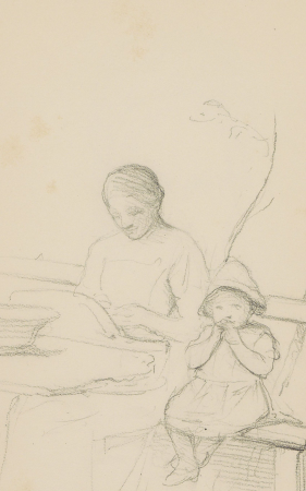 Moeder en dochter op een bank in de open lucht, RP-T-1976-103-19, Bramine Hubrecht, between 1865 and 1913