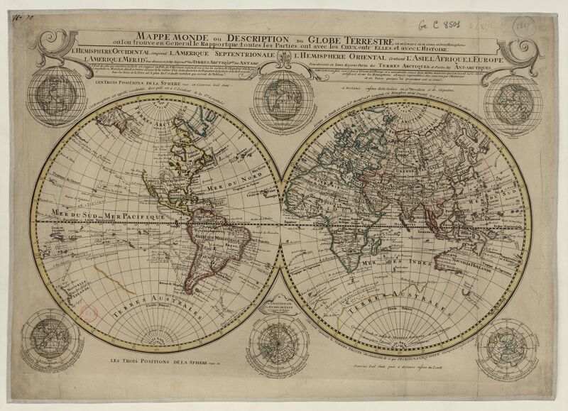 World map or description of the terrestrial globe seen concave or hollow in two hemispheres, where we find... the relationship that all the parts have with the heavens..., Hendrik de Leth, 1739