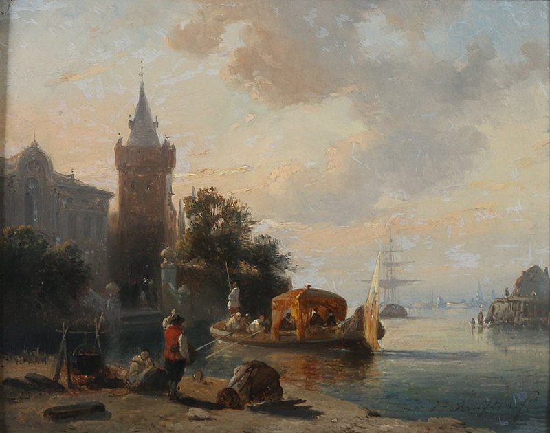 View on a harbour with a gondola, Jan Michiel Ruyten, between 1833 and 1881