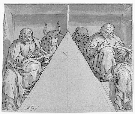The evangelists Luke and Mark on opposite sides of a triangular field, Lazzaro Tavarone