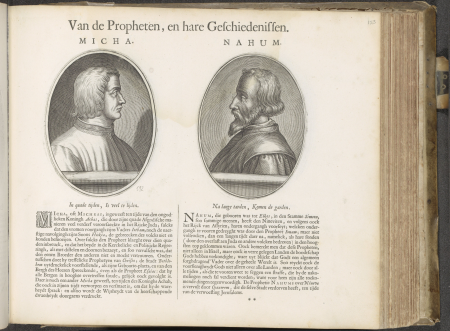 Portretten van de profeten Micha en Nahum Van de propheten, en hare geschiedenissen (titel op object) Den Grooten Emblemata Sacra, bestaande in meer dan vier hondert bybelsche figuren, zoo des Ouden als des Nieuwen Tes, RP-P-2015-10-153
