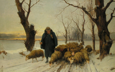 Shepherd with his sheep in the snow, by 1902