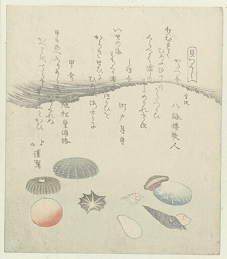Round red and blue shell with smaller shells, Hokkei, 1821