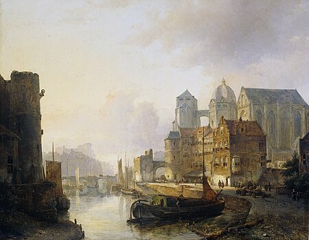 Fantasy view of a city on a river with the Cathedral of Aachen, Kaspar Karsen, 1846
