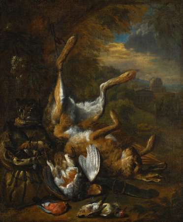 Hunting still life with a cat, a dead hare and songbirds in a landscape., Bernaert de Bridt, between 1688 and 1722