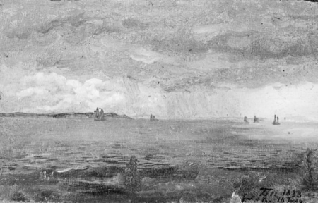 The Sound with Rain Clouds and Ships in the Background, Lorenz Frølich, 1838