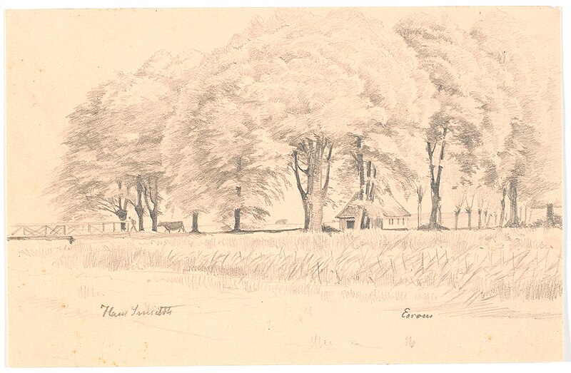 Landscape by Esrom, in the foreground a stream with a bridge, in the background tall trees and a house, Hans Smidth