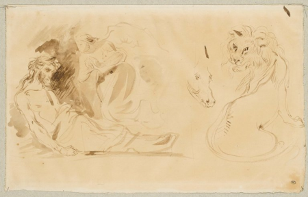 Delacroix - Un ange apparaissant au Christ couché sur le sol ; un lion, RF 9964, Recto, Eugène Delacroix