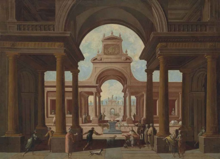 An architectural capriccio with a king kneeling and other figures conversing in the foreground before a pagan sacrifice with animals, Vicente Giner, between 1660 and 1681