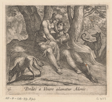 Venus en Adonis elkaar omhelzend, RP-P-OB-37.870, Antonio Tempesta, 1606