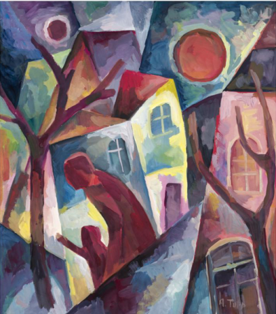 (CITY LANDSCAPE WITH TWO RED FIGURES), Arnold Topp, Executed circa 1919.