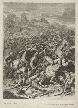 Veldslag tussen Constantijn en Maxentius (linker blad), RP-P-OB-70.403, Gérard Audran, between 1650 and 1703