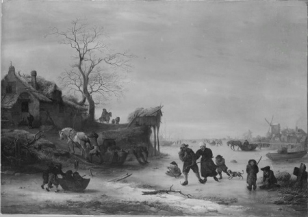 Winter Scene with Figures on an Iced-over Canal, Isaac van Ostade, circa 1646