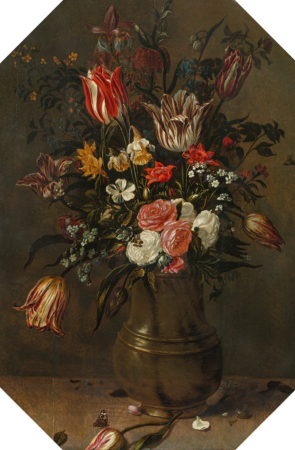 Bouquet of flowers with tulips, roses, daffodils, forget-me-nots amongst others in a metal jug, Andries Daniels, between 1600 and 1625