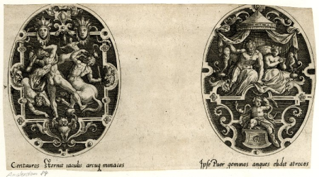 Hercules battling the centaurs and Alcmene and Amphitryon witness the infant Hercules strangle two snakes sent by Hera to kill him, Marcus Gheeraerts the Elder, between 1550 and 1590