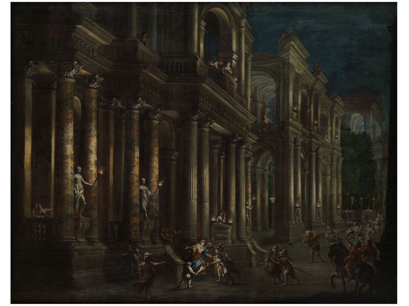 Palace architecture with nocturnal illumination and numerous figures, Jacobus Ferdinandus Saey, between 1672 and 1726