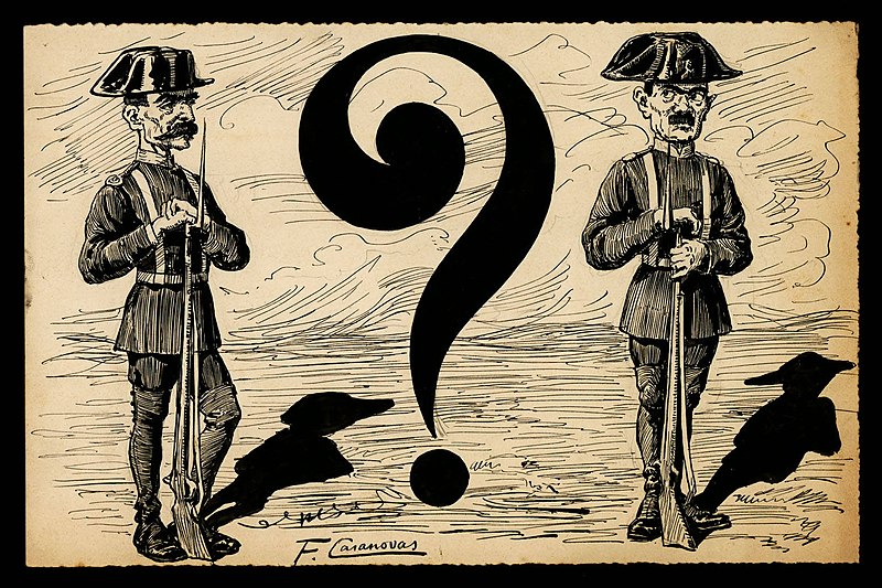 Two civil guards guarding a large interrogation, Francesc Casanovas Gorchs