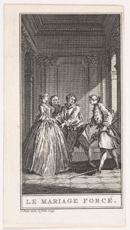 Vrouw wordt gepresenteerd aan man Le Mariage Forcé (titel op object), RP-P-OB-66.289, Jan Punt, 1739