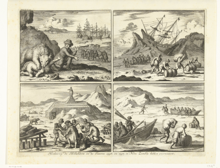 Overwintering op Nova Zembla, 1596-1597 Hoedaanig de Hollanders in de Jaaren 1596. en 1597. in Nova Zembla hebben overwintert (titel op object), RP-P-OB-44.071, Jan Luyken, 1682 en/of 1730