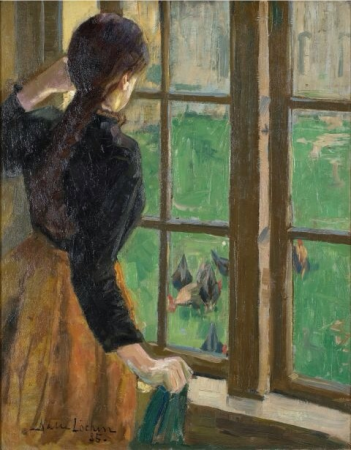 Helene standing in the window while he trips out in the yard, Kalle Løchen, 1885