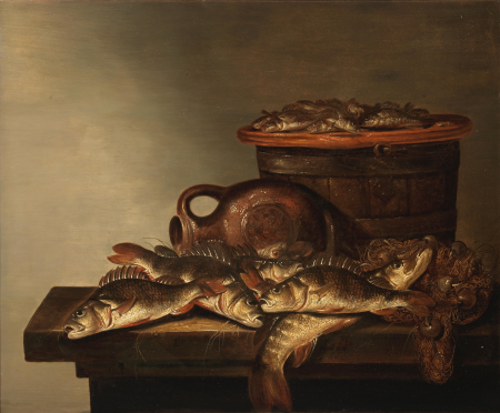 Fish, a fishing basket and net on a table-top, Pieter de Putter, between 1630 and 1659