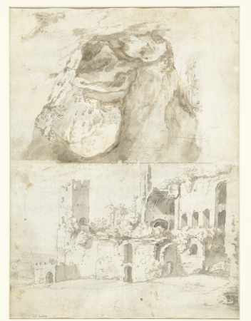 Gezicht in een grot en een gezicht op een ruïne, RP-T-1895-A-3089(V), Guilliam du Gardijn, between 1607 and 1650