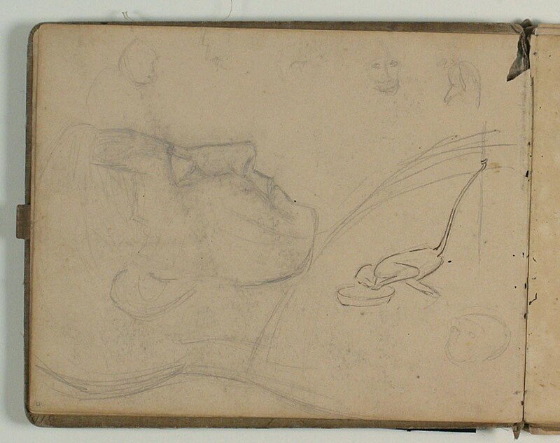Face sketch in profile, as well as sketches of a monkey and the monkey's head, Niels Larsen Stevns