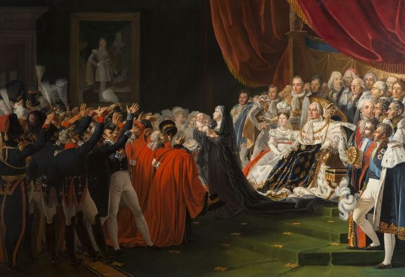 The Duke of Bordeaux presented to the people and the army by the Duchess of Berry in the presence of the king, surrounded by the royal family and the main figures of the State, Charles Nicolas Lafond, 1821